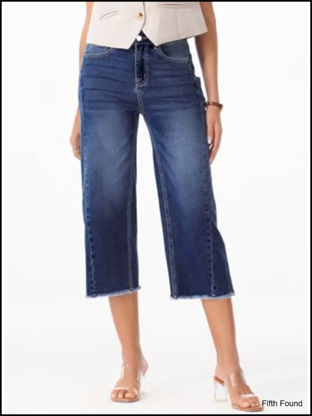 High Waisted Wide Leg Capri Jeans with Raw Hem Side Seam Denim